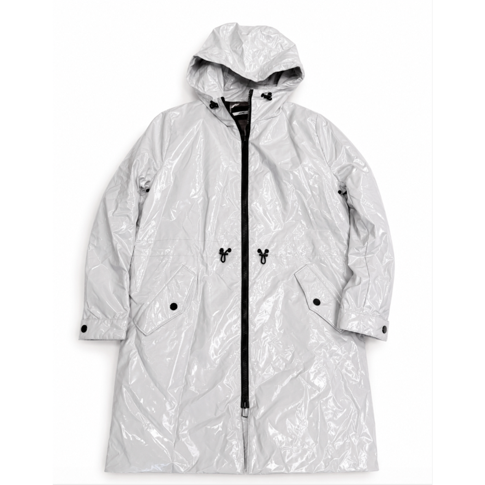 Nwt Jane Post Light Grey Padded Patent Rain Slicker Parka Coat Raincoat Jacket S — image 3 of 8